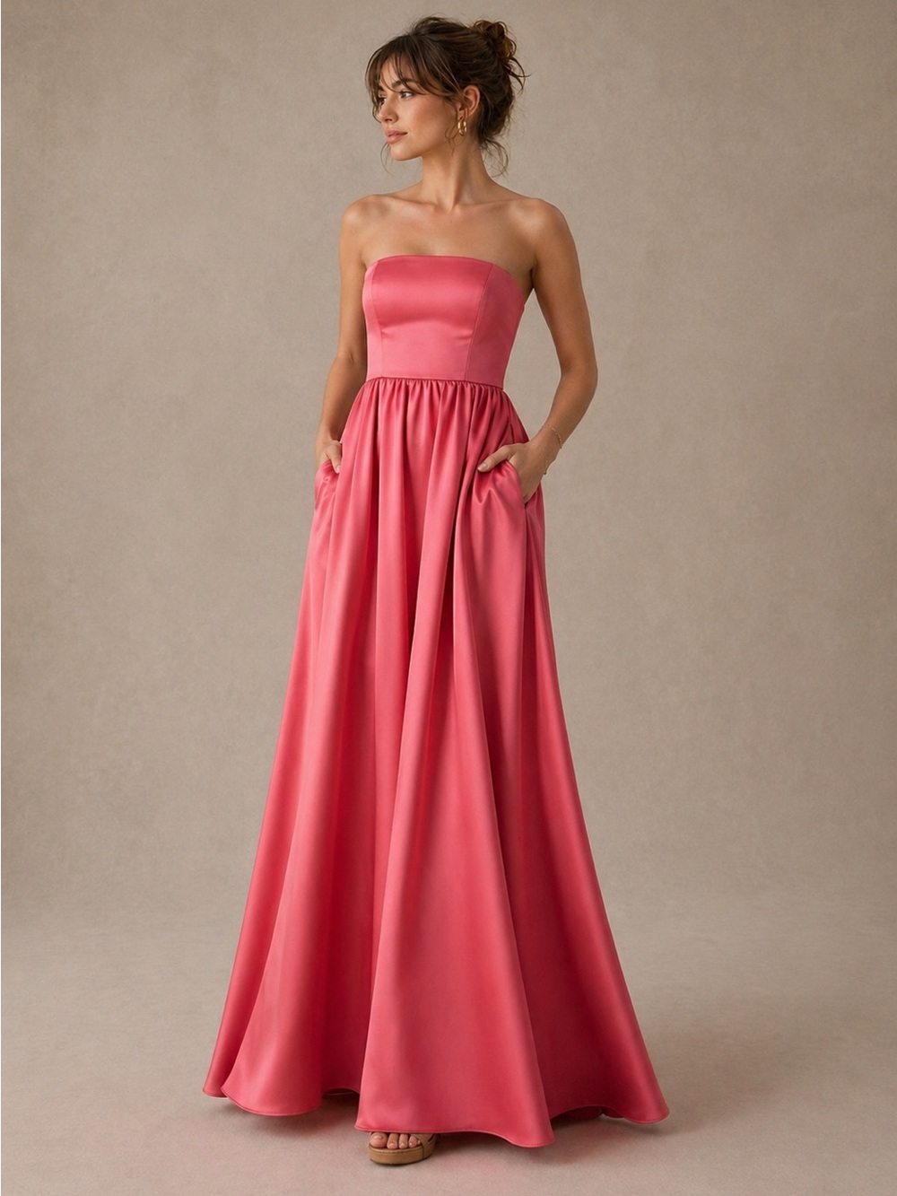 BHLDN Elsie Satin A-Line Maxi Dress Pink Formal Gown Bridesmaids Wedding Size 4